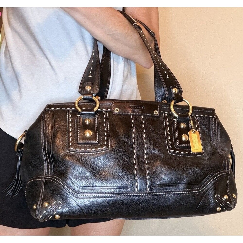 Vintage Coach Black Hamptons Andrea Purse Pebbled Leather Satchel Handbag